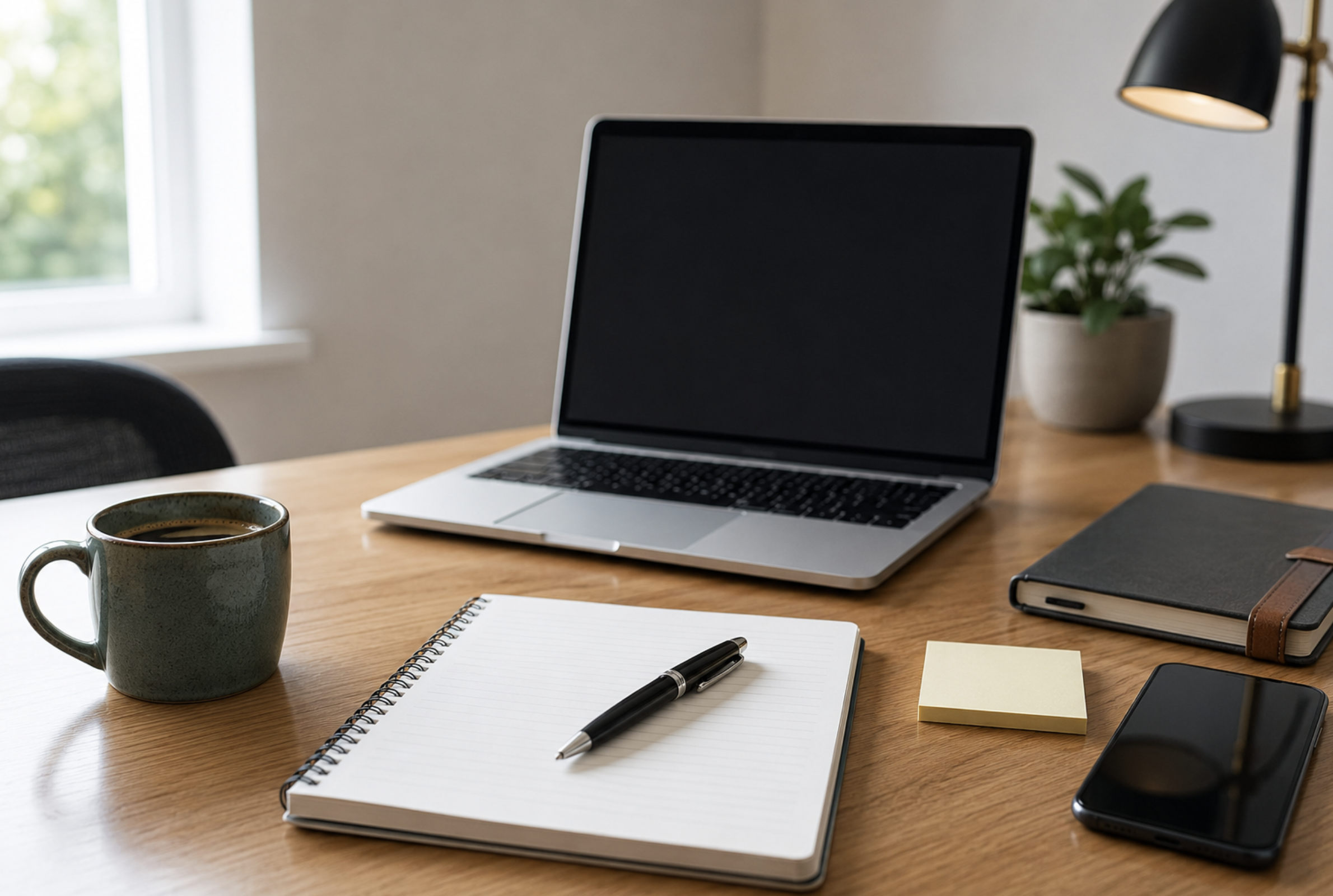 Desk with laptop, notebook and coffee